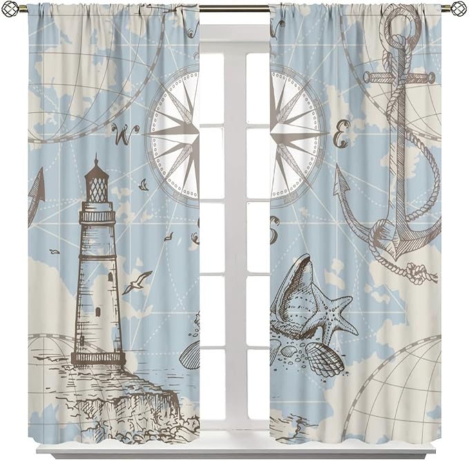 Nautical Theme Window Draperies, Pirate Sailboat Curtains for Bedroom & Living Room, Ocean Window Treatment - 2 Panels, 42x54 Inches