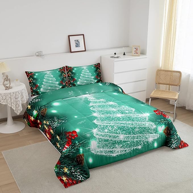 Feelyou Merry Christmas Comforter Set, Kids Santa Tree Glitter Bedding Comforter Full Size for Boys Girls Xmas Christmas Bell Decor,1 Comforter + 2 Pillow Cases Boys