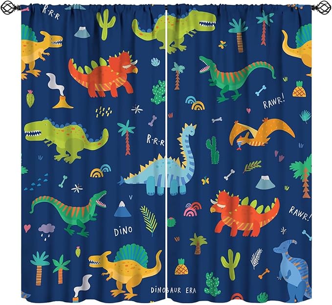 Funny Dinosaur Blackout Curtains Colorful Cartoon Animals Dino Tropical Plant Art Print for Kids Boys Bedroom Living Room Rod Pocket Decoration Window Drapes 2 Panels W21xL63in