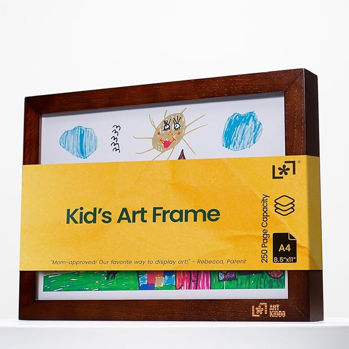 ArtKiddo® Patented Magnetic Kids Artwork Frame with Storage – Changeable Front-Opening Kids Art Frame Holds 250 Drawings – 8.5x11 Children’s Art Display for Wall or Tabletop – Playroom Wall Decor (Brown)