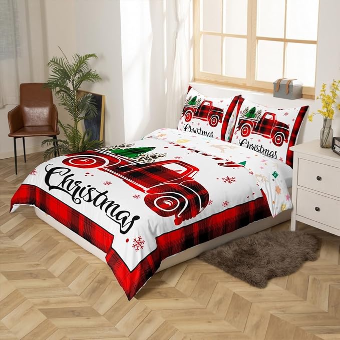 Xmas Truck Duvet Cover Set Full Size, Christmas Tree Snowflake Print Bedding Set 3pcs for Kids Boys Girls Bedroom Decor, New Year Theme Red Plaid Print Comforter Cover with 2 Pillowcases,No Comforter
