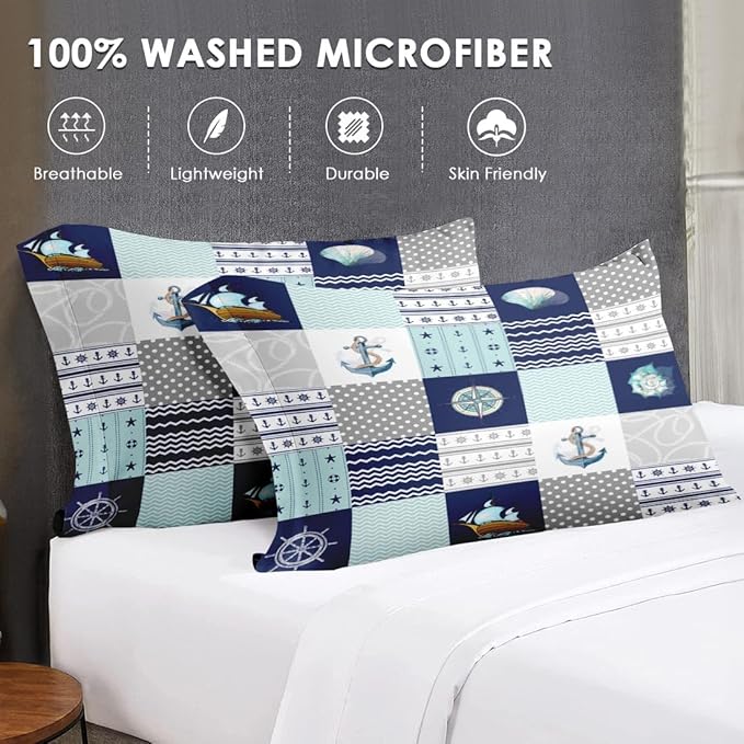 5 Pcs Twin Size Comforter Set with Pillowcase & Sham, Nautical Blue Marine Summer Bedding for Kids and Adults, Sea Ocean Boat Plaid Bed in a Bag with Flat Fitted Sheet