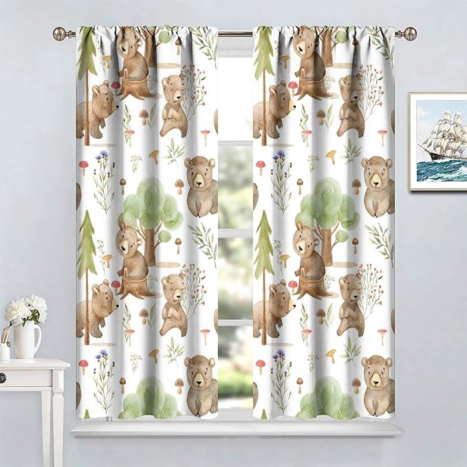 Forest Animal Curtains,Kids Home Bedroom Window Treatments, Cartoon Watercolor Bear Squirrel Woodland Animal Drapes 63x63in
