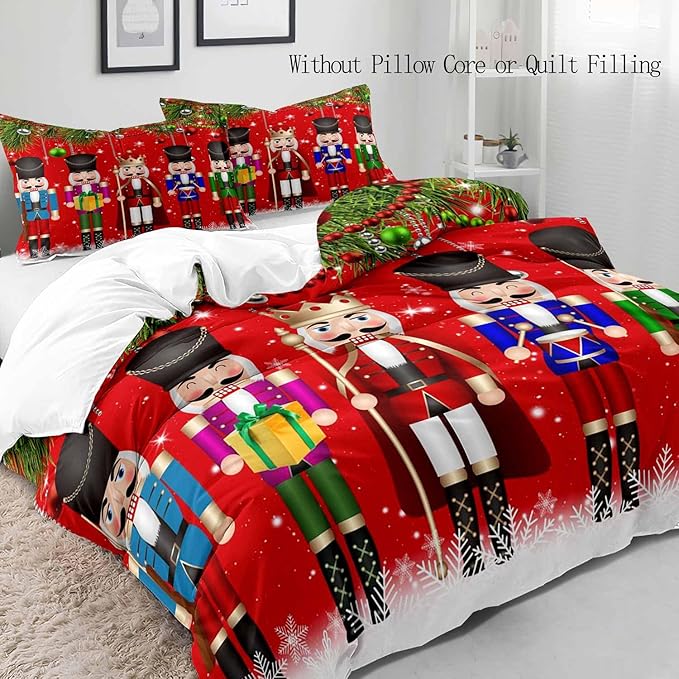 LUVIVIHOME 2PCS Christmas Nutcracker Duvet Cover Twin Bedding Sets, Teens Boys Girls Kids Bedding, Christmas Balls Snowflake Winter Holiday Festival Xmas Gifts Red Comforter Quilt Cover, 1 Pillow Sham