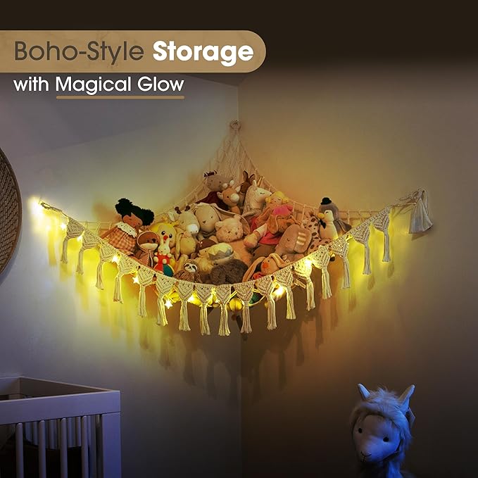 Extra Large Stuffed Animal Hammock with LED Lights 100% Natural Cotton Macrame Toy Storage Net for Plushies & Squishmallows Boho Macrame Corner Organizer for Kids’ Room or Nursery (Beige)