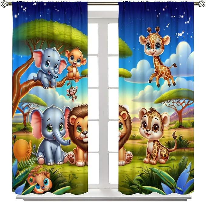 Jungle Safari Window Curtains for Kids Boys Girls Watercolor Cartoon Forest Animals Baby Living Room Bedroom Nursery Toddler Rod Pocket Drapes 72" W X 63" L