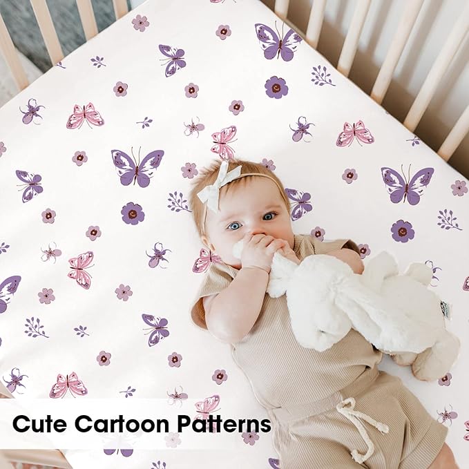 Little Grape Land Mini Crib Sheets for Girls 4 Pack, Fitted Mini Crib Sheets 26x38x5 for Pack and Play/Playard Mattress, Ultra Soft Brushed Microfiber, All-Around Elastic, Butterfly/Floral/Pink/Purple