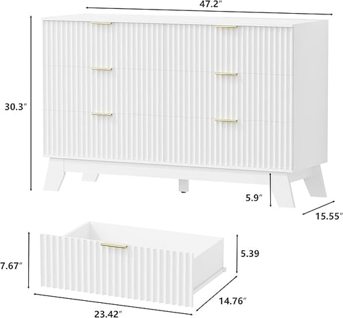 6 Drawer Dresser for Bedroom, Fluted White Dresser Chest of Drawers with Gold Handle, Mid Century Modern Dressers for Closet, Bedroom Chest Storage Organizer for Living Room, Hallway