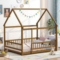 LLS Full Size Montessori Floor Bed Frame with Slats and Fence, Wooden House Bed for Boys Girls Bedroom, Light Espresso