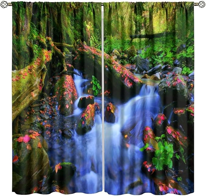 Forest Landscape Blackout Curtains, Natural River Rainforest Waterfalls Plant Print Pattern Window Drapes, for Bedroom Living Room 42" W X 54" L