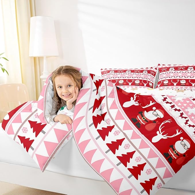 Feelyou Merry Christmas Tree Kids Comforter Set Toddler Size Cute Snowman Bedding Set Santa Claus Duvet Quilt for Kids Boys Girls Bedroom Cartoon Bowknot Decor Microfiber Ultra Soft Breathable