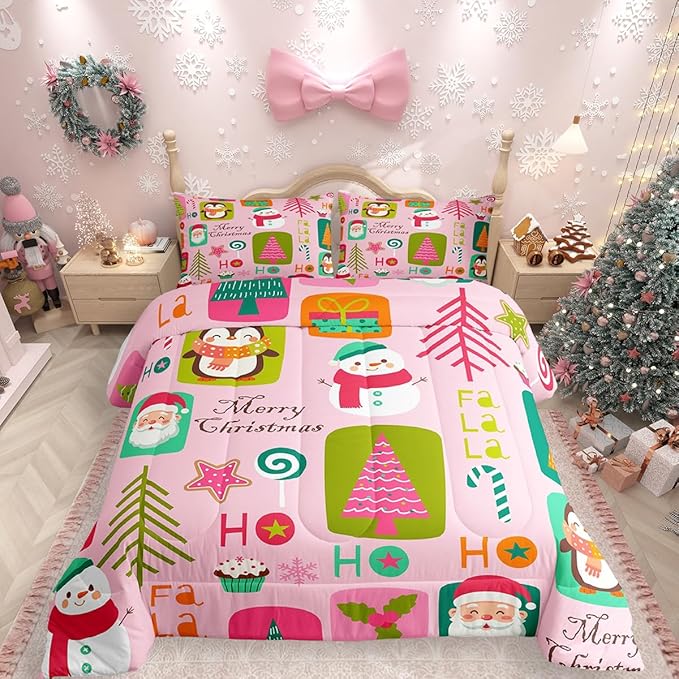 Erosebridal Christmas Kids Comforter Set Full Size Cartoon Santa Claus Quilts Boys Girls Room Decor Merry Xmas Penguin Bedding Set Christmas Tree Snowman Down Comforter,Pink