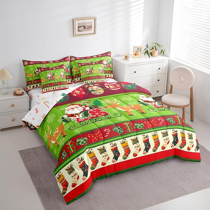 Feelyou Christmas Santa Claus Deer Bedding Set Cartoon Stockings Bedding Set for Kids Boys Girls Teens Decor Christmas Snowflake Bed in a Bag Kawaii Bed Set 7Pcs Queen Size
