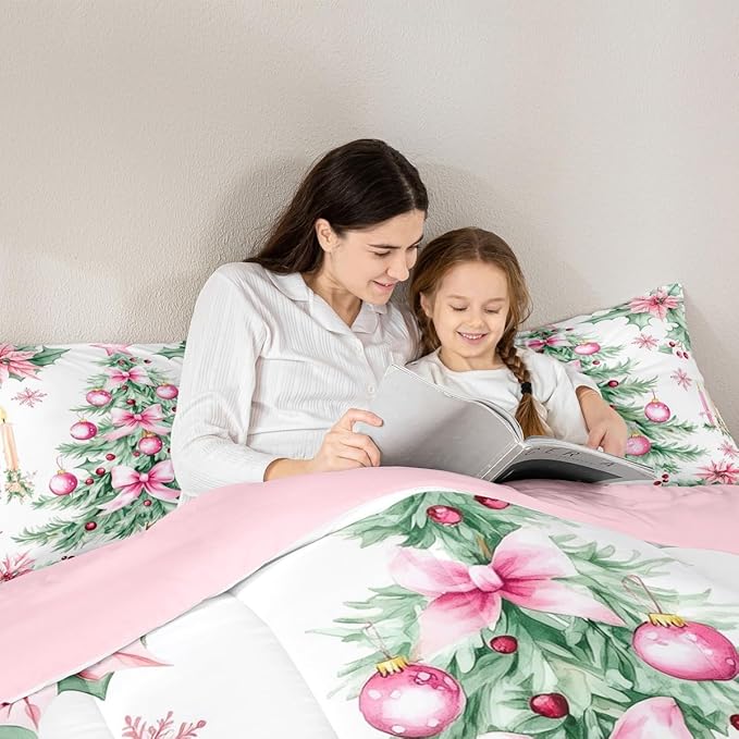 Feelyou Pink Christmas Comforter Set Toddler Size Xmas Tree Bedding Set for Kids Boys Girls Xmas Ornaments Duvet Quilt Snowflake Bow Bedroom Decor Microfiber 2 Pcs with 1 Pillow Cases