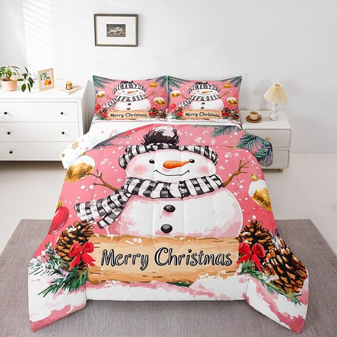 Feelyou Merry Christmas Kids Comforter Set King Size Cute Snowman Bedding Set Snowflake Duvet Quilt for Kids Boys Girls Bedroom Winter Decor Microfiber Ultra Soft Breathable