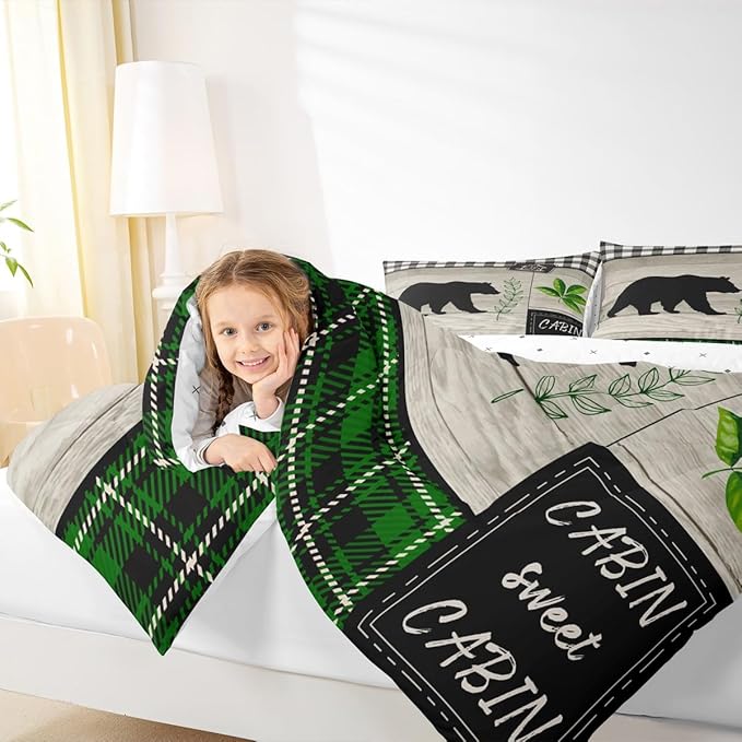 Bear Silhouette Kids Comforter Set Queen Size,Leaves Wooden Plank Bedding,Girls Boys Adults Bedroom/Xmas Cabin Decor,Geometric Grids Retro Down Comforter,Rustic Farmhouse Duvet Insert,2 Pillowcases