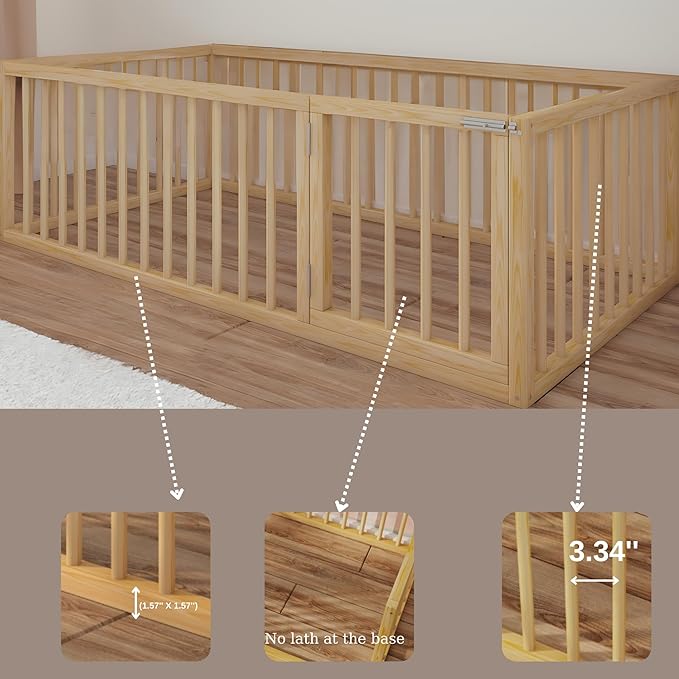 Montessori Floor Bed with Door On The Right Side for Toddler | Pine Wood Natural Solid Frame Beds | Sturdy Modern Design Floor Bed Frame for Boy and Girls (Crib, Height: 19 Inches)