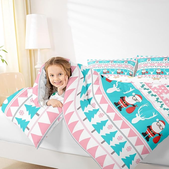 Feelyou Merry Christmas Tree Bedding Set Soft for Boys Girls, Cute Snowman Comforter Set King Size Santa Claus Duvet Quilt Microfiber Cartoon Bowknot Bedroom Decor 3 Pcs with 2 Pillow Cases