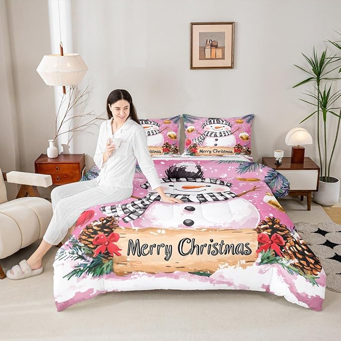 Feelyou Merry Christmas Bedding Set Soft for Boys Girls, Cute Snowman Comforter Set Toddler Size Snowflake Duvet Quilt Microfiber Winter Bedroom Decor 2 Pcs with 1 Pillow Cases