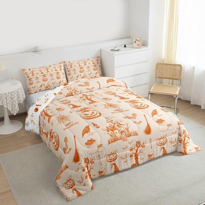 Erosebridal Halloween Bedding Set Orange Pumpkin Bat Comforter Set King Size,Vintage Halloween Decor Quilt for Kids Boys Girls Adults Happy Festival Themed Duvet Insert