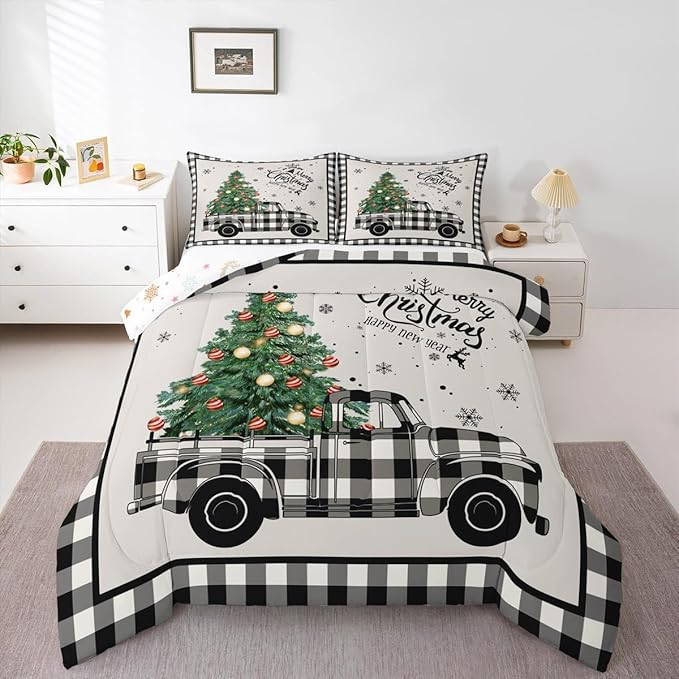 Christmas Truck Kids Comforter Set Twin Size,Snowflake Pines Trees Rustic Bedding,Girls Boys Adults Bedroom/Xmas Cabin Decor,Geometric Grids Lattice Down Comforter,Retro Duvet Insert,1 Pillowcase