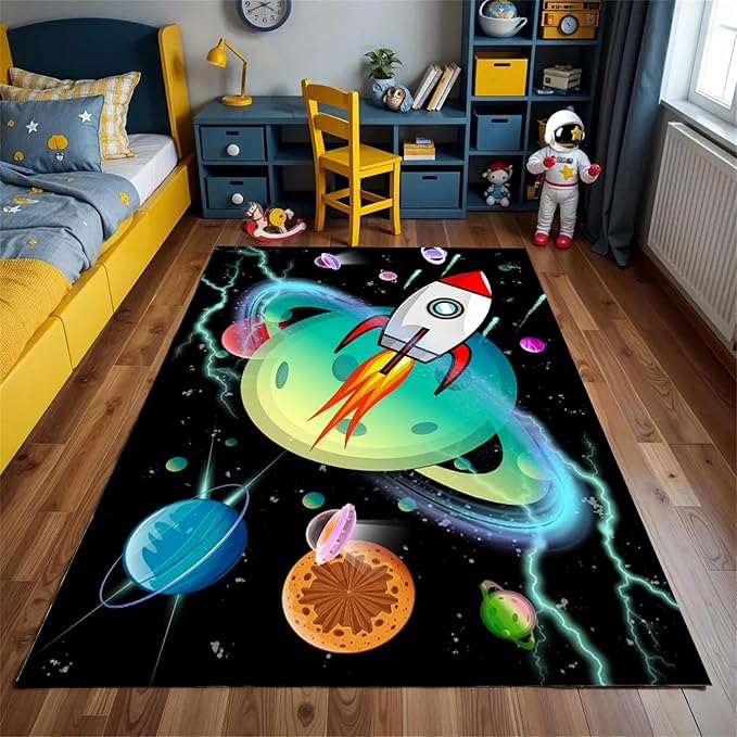 Outer Space Kids Area Rug,6x8ft,Kids Playroom Crawling Mat, Machine Washable, Non-Slip Carpet with Cartoon Planets and Rocket Design, Suitable for Boys' Bedroom, Class, Nursery Decorative Rug
