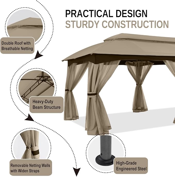 ABCCANOPY Outdoor Patio Gazebo 10x20 - Double Roof Canopy with Mosquito Netting for Backyard, Deck, Garden, Lawn, Khaki