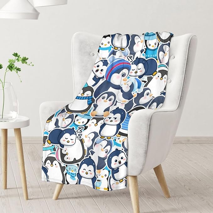 Penguin Blanket for Girls - 40" x 50" Inches Cute Penguin Blankets for Kids - Blue Warm Lightweight Throws for Sofa, Crib & Bed