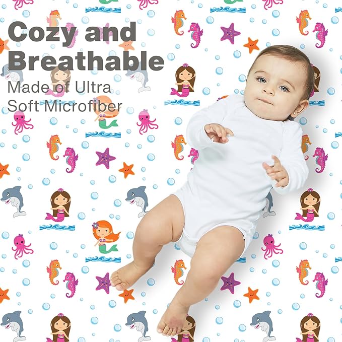 Baby Girl Fitted Crib Sheet Mermaid Adventures, 100% Soft Breathable Microfiber Baby Sheet, Fits Standard Size Crib Mattress 28in x 52in, Nursery Sheet