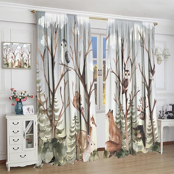 Forest Curtains, Cartoon Woodland Animals Tree Birds Moose Rabbit Mushroom Print Pattern Kids Bedroom Window Treatments Curtains 42x45 Inch, Style-8