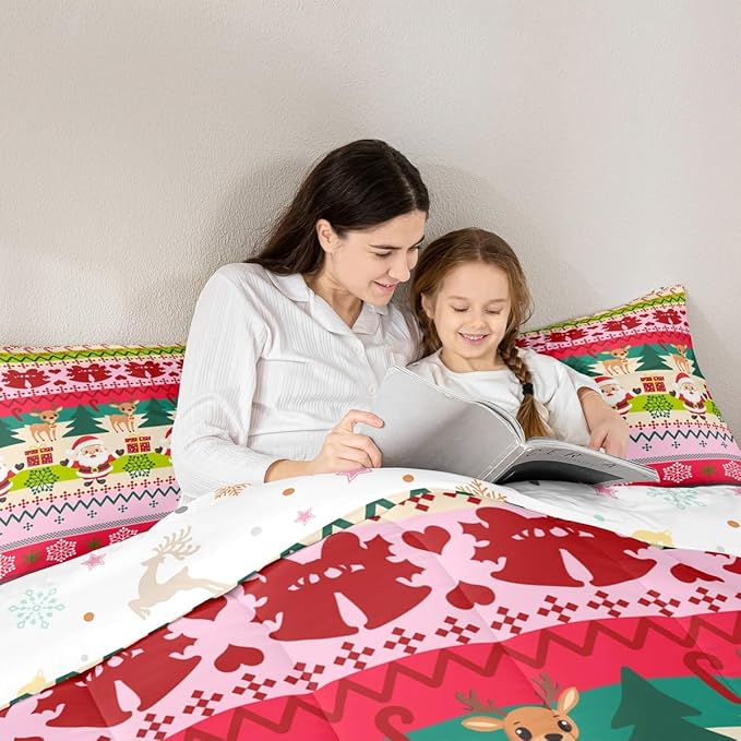 Feelyou Merry Christmas Comforter Set King Size Santa Claus Bedding Set for Kids Boys Girls Cute Deer Duvet Quilt Snowflake Bedroom Decor Microfiber 3 Pcs with 2 Pillow Cases