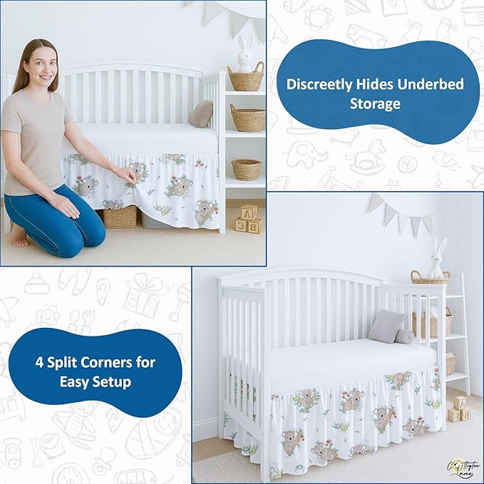 Cottington Lane Crib Skirt Dust Ruffle, 100% Natural Cotton, Soft, Durable Nursery Crib Toddler Bedding Skirt for Baby Girls or Boys, Fits Standard Cribs 28" x 52" with 14" Drop, Koala Cuddles