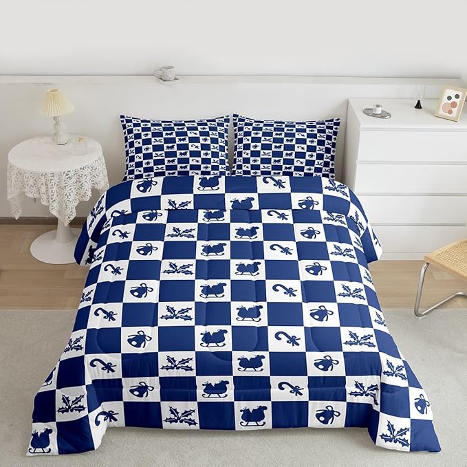 Feelyou Christmas Comforter Set All Season Checkered Pattern Bedding Set with 1 Pillow Cases Holiday Theme Kids Twin Bedclothes Xmas Decor Room Decor Blue Duvet Quilt Breathable Soft Lightweight