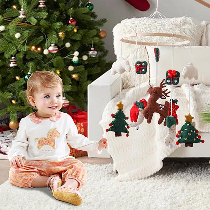 Baby Crib Mobile, Christmas Deer Crib Hanging Toy, Felt Xmas Tree Clouds Stars Baby Wind Chimes, Newborn Gifts for Girls Boys Toys Hanging Christmas Toys Mobile Hanger for