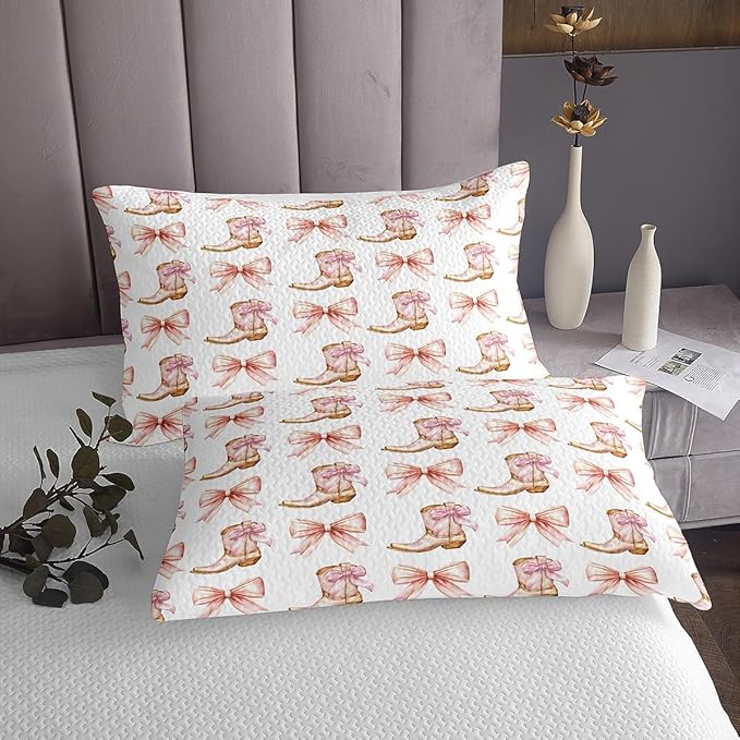 Western Cowgirl Bedspread King Size,Pink Bowknot Cowgirl Boots Rustic Farmhouse Coverlet Set,Girls Women Room Decor,Bow Tie Geometric Patchwork Quilted Coverlet,Golden Bedding Quilt,2 Pillowcases