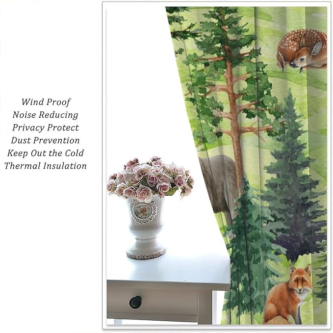 Woodland Animal Curtains, Watercolor Jungle Animals Fox Bear Pattern Blackout Window Treatments, Rod Pocket Thermal Insulated Drapes 2 Panel Sets for Kids Bedroom Nursery Classroom, 63" W X 63" L