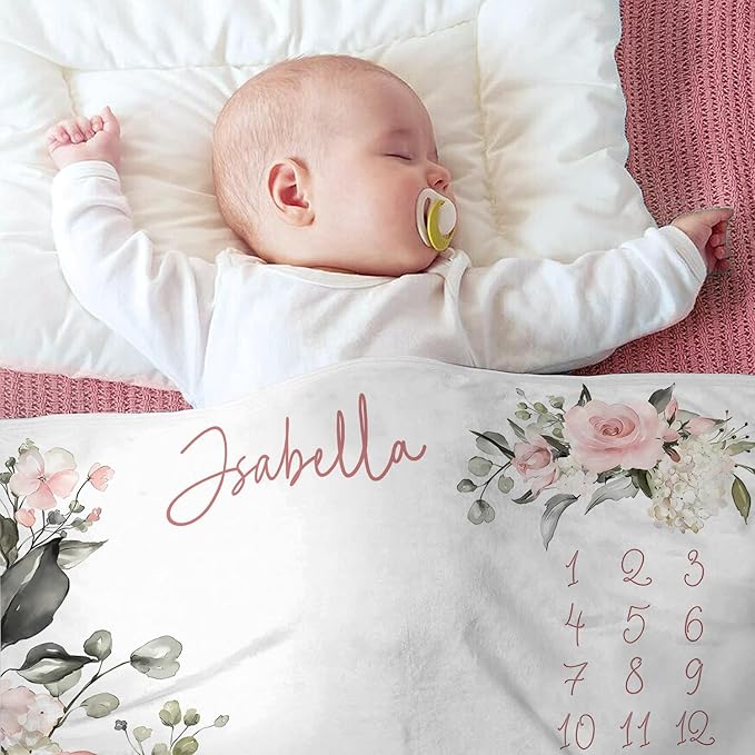 OLIVE OLIVIA Personalized Baby Gifts With Customized Name - Monthly Milestone Blanket for Girls and Boys, Perfect Custom Gift, 60"x80"