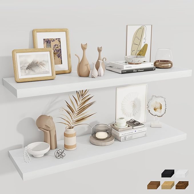 Fun Memories 12 Deep Floating Shelves for Wall, 48W x 12D Extra Large Floating Shelves Set of 2, Hanging Wood Wall Shelves for Living Room, Kitchen, Bedroom, Farmhouse, Laundry Room, Office - White