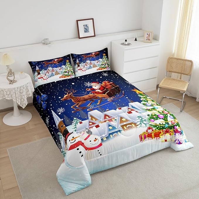 Manfei Christmas Bedding Set Full Size Snowman Christmas Tree Print Comforter Set Santa Claus with Reindeer Quilt Set 3pcs for Kids Boys Girls Room Decor New Year Theme Duvet Set with 2 Pillowcases