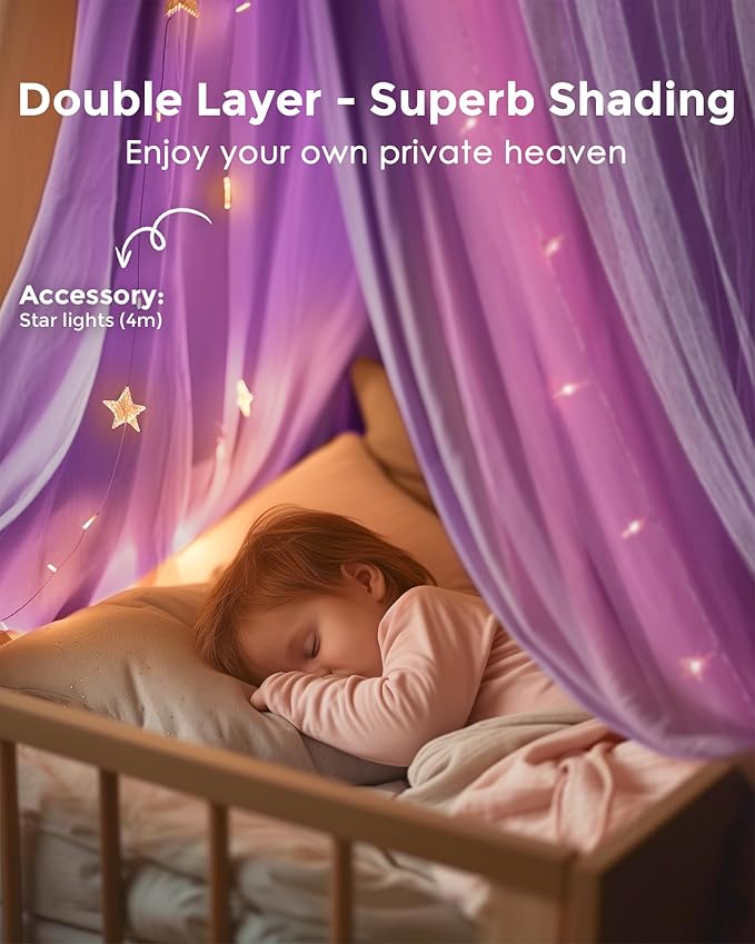 Bed Canopy with Star Lights, Double Layer Canopy for Bed, Princess Play Tent for Girls Room, Breathable Canopy Bed Curtain for Children Reading Nook, Machine Washable Canopy, 25.6''x106'', Purple