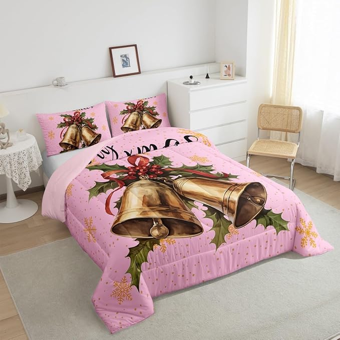 Erosebridal Merry Xmas King Kids Comforter Sets Christmas Bell Bedding Sets for Girls Happy New Year Theme Down Comforter for Boys Teens Snowflake Quilt Set,Pink