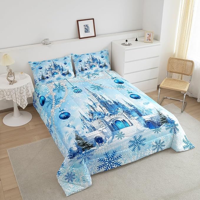 Xmas Dreamy Castle Comforter Set Toddler Size,Princess Style Blue Winter Snowflakes Bedding Set for Kids Boys Girls,Fairy Tale Theme Watercolor Christmas Quilted Set with 1 Pillowcase