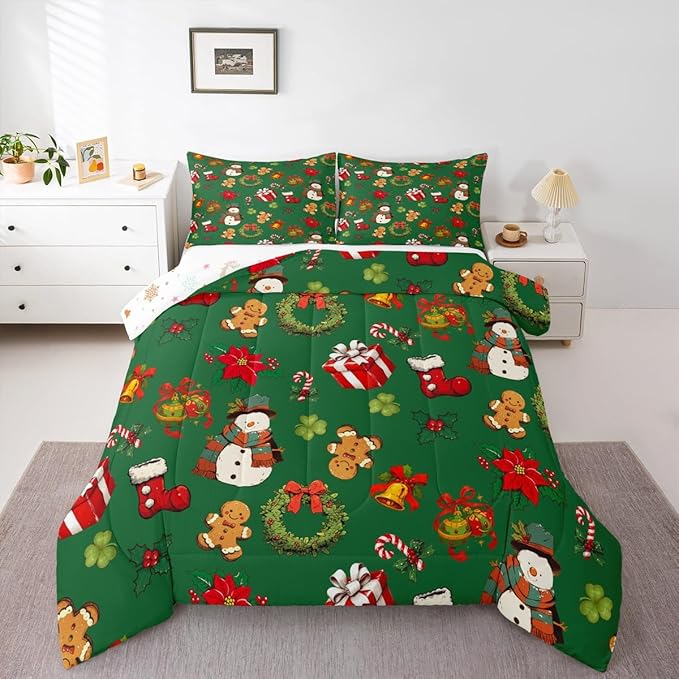 jejeloiu Merry Christmas Comforter Set Twin Size Cute Snowman Bedding Set for Kids Boys Girls Gingerbread Man Duvet Quilt Green Bedroom Decor