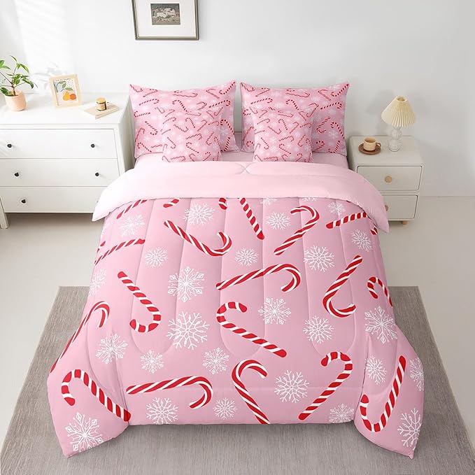 Erosebridal Xmas Candy Cane Full Bedding Set 7 Piece,Merry Christmas Bed in A Bag for Kids Boys Girls,White Snowflake Comforter Set Pink Christmas Ornaments Sheet Set with Comforter
