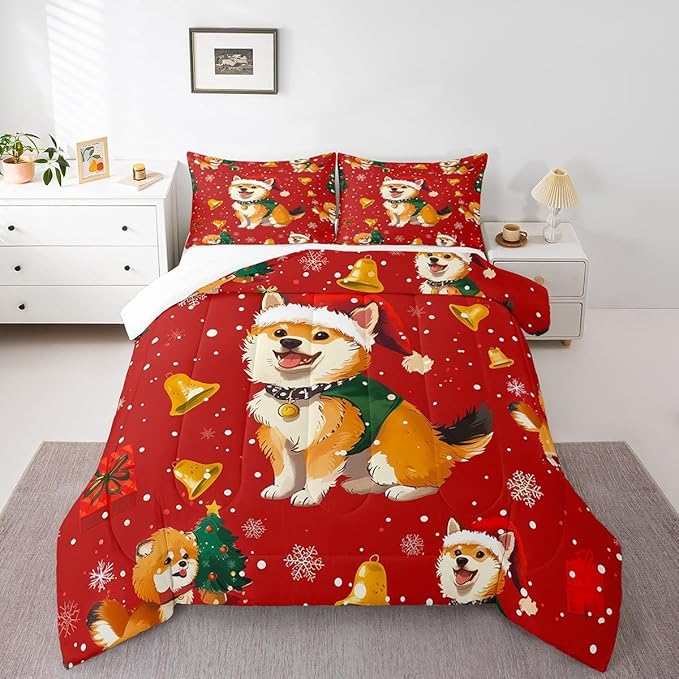Cartoon Dog Comforter Set Queen Size,Bell Christmas Tree Star Snowflake Bedding Set for Kids Boys Girls Room Decor,Cute Corgi Xmas Theme Duvet Insert 3Pcs,Merry Christmas Red Quilt Set,2 Pillowcases