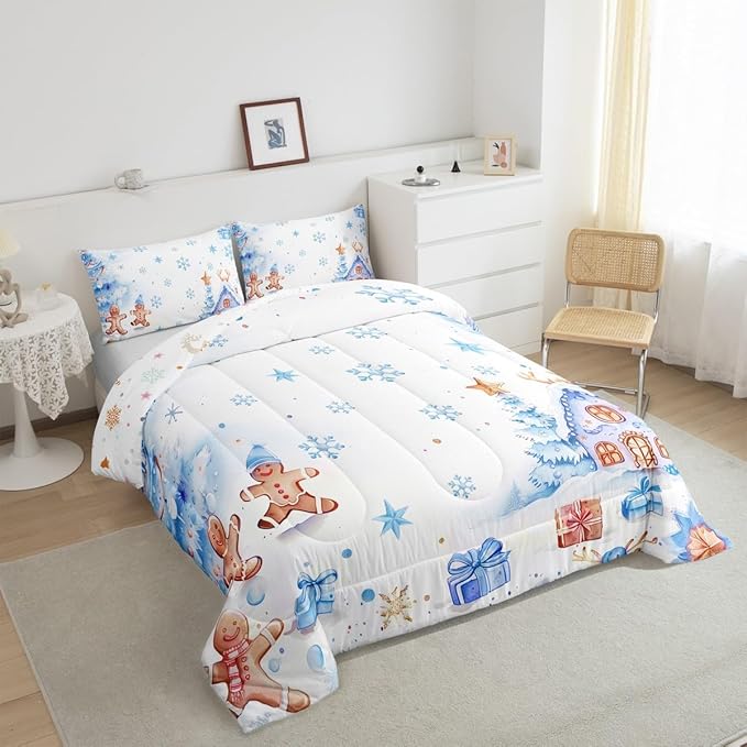 jejeloiu Kids Christmas Theme Comforter Set Twin Size Blue Xmas Gingerbread Man Bedding Set for Boys Girls Teens Candy House Snowflake Winter Happy New Year Duvet Quilt Room Decor