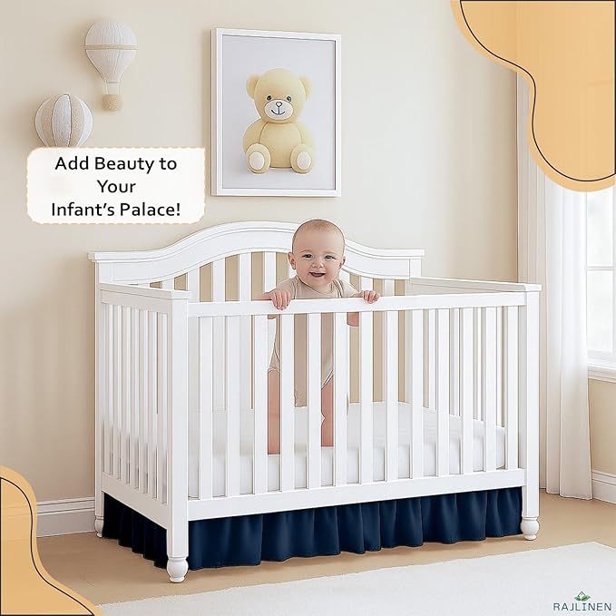 Rajlinen Ruffled Crib Bed Skirt, Microfiber, Dust Ruffle with Split Corners, 14" Drop, Nursery Toddler Bedding for Baby Boys or Girls, Navy Blue