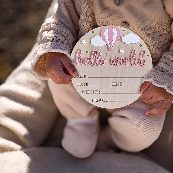 Wood Baby Birth Keepsakes Plaques Hello Worlds Welcome Sign Customizable Nursery Wall Decors for Newborns