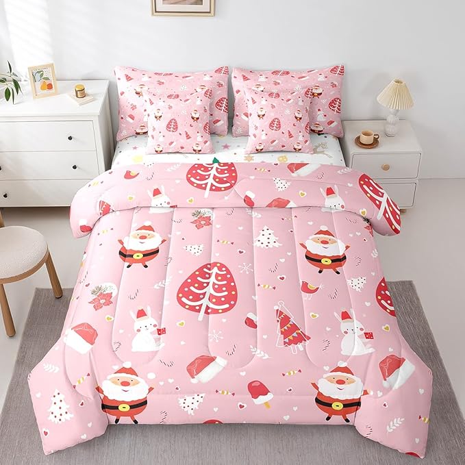 Feelyou Santa Claus Bed in a Bag Cute Rabbit Kawaii Pink Comforter Set with Sheets for Kids Boys Girls Decor Merry Christmas Bed Set Girly Pink Bedding Set Bedroom Collection King Size