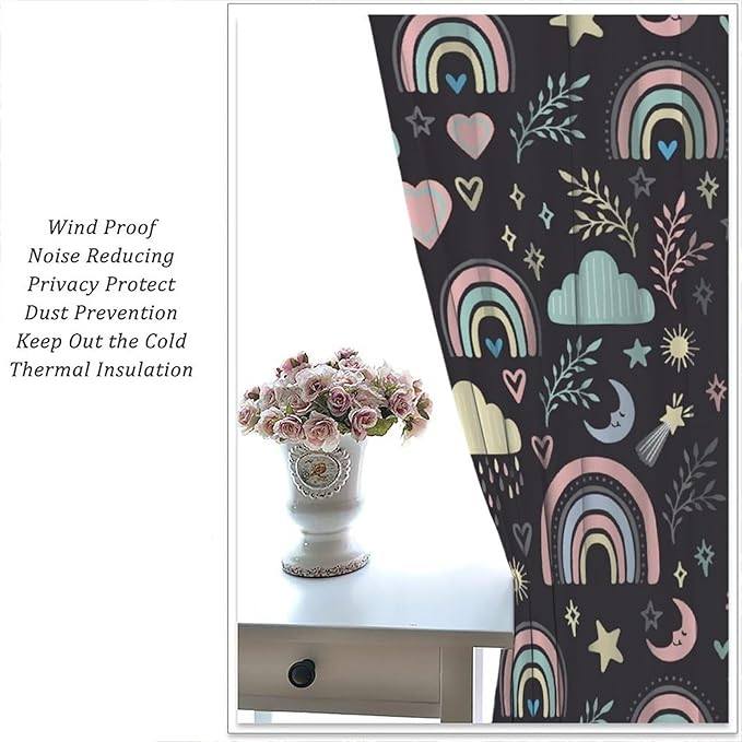 Boho Rainbow Curtains for Kids Nursery Colorful Floral Sun Star Clouds Pastel Bohemian Pattern Print Window Drapes for Girl Bedroom Living Room Kitchen Decor,2 Panel Set,84Wx84H Inch Blackout